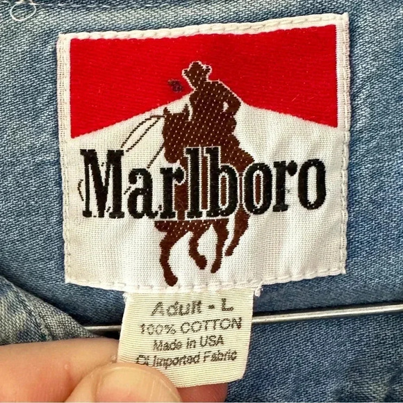 Vintage Marlboro Cigarette Denim Long Sleeve Button Up Sz LG Made in USA - Picture 5 of 6